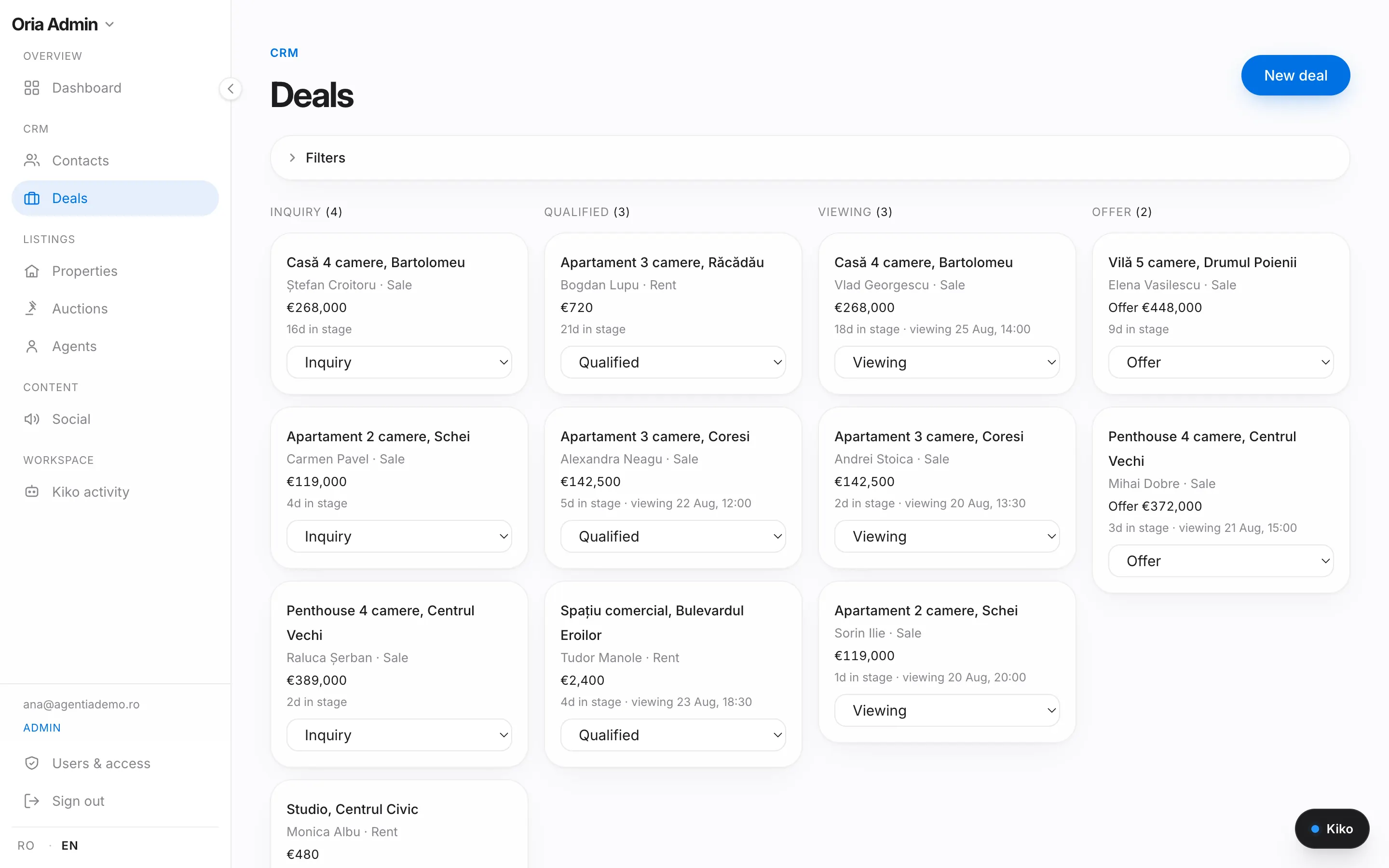 The Oria CRM deals board, with columns for inquiry, qualified, viewing and offer.