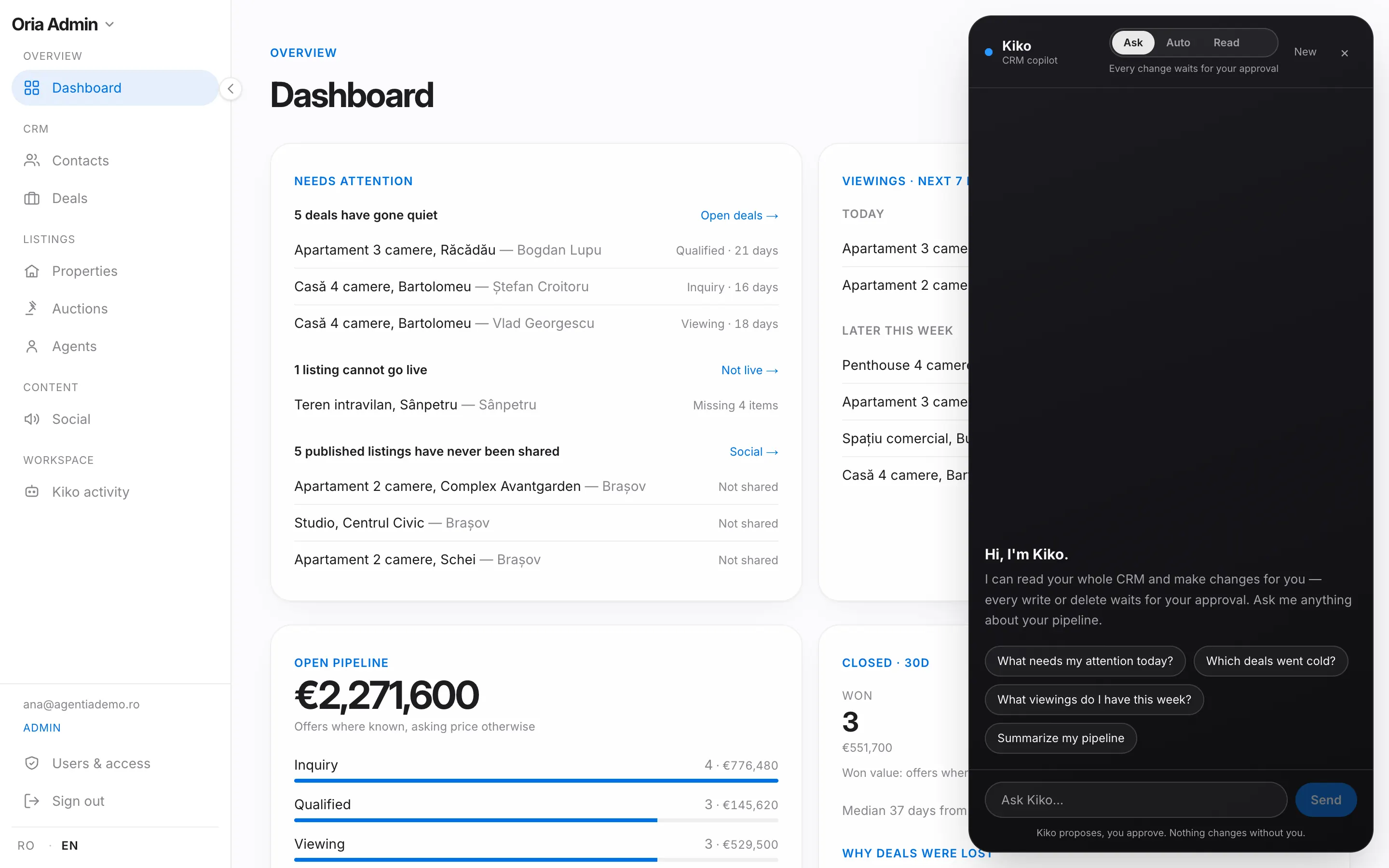 Kiko, the AI agent inside Oria CRM, open over the dashboard, showing its ask, auto and read-only modes.