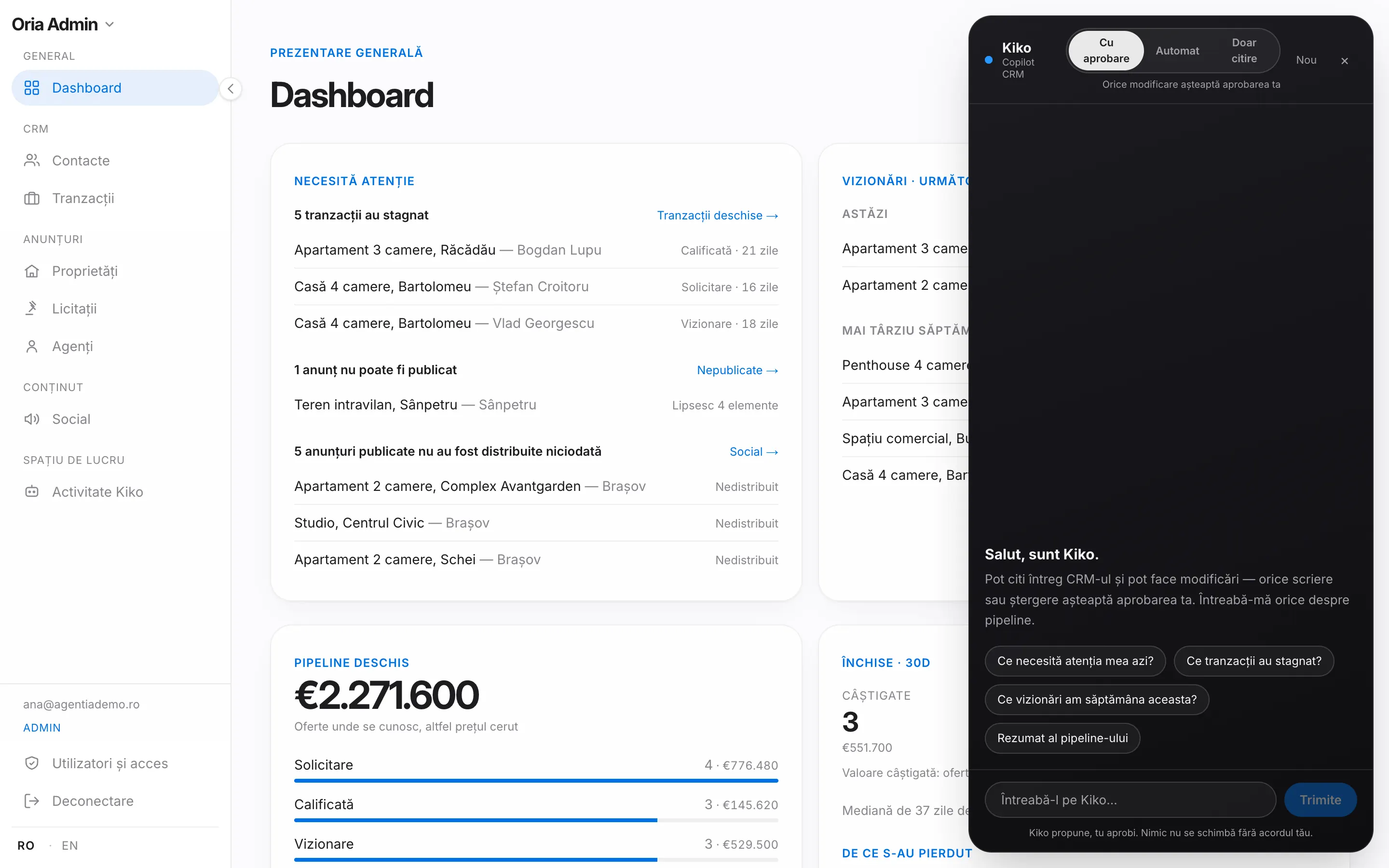 Kiko, agentul AI din Oria CRM, deschis peste dashboard, cu modurile „cu aprobare”, „automat” și „doar citire”.