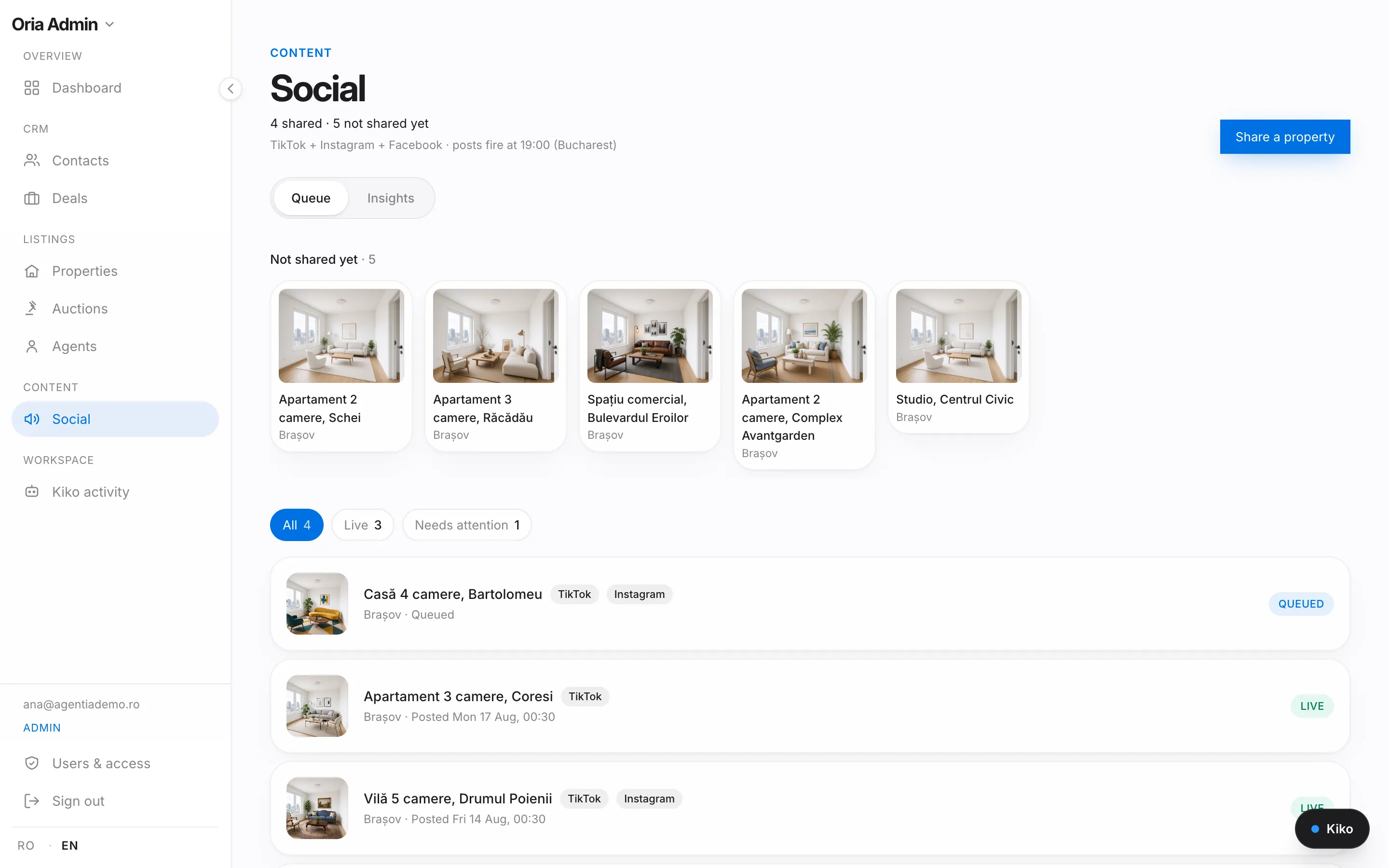 The Social screen in Oria CRM: the post queue, listings not shared yet, and posts published to TikTok, Instagram and Facebook.