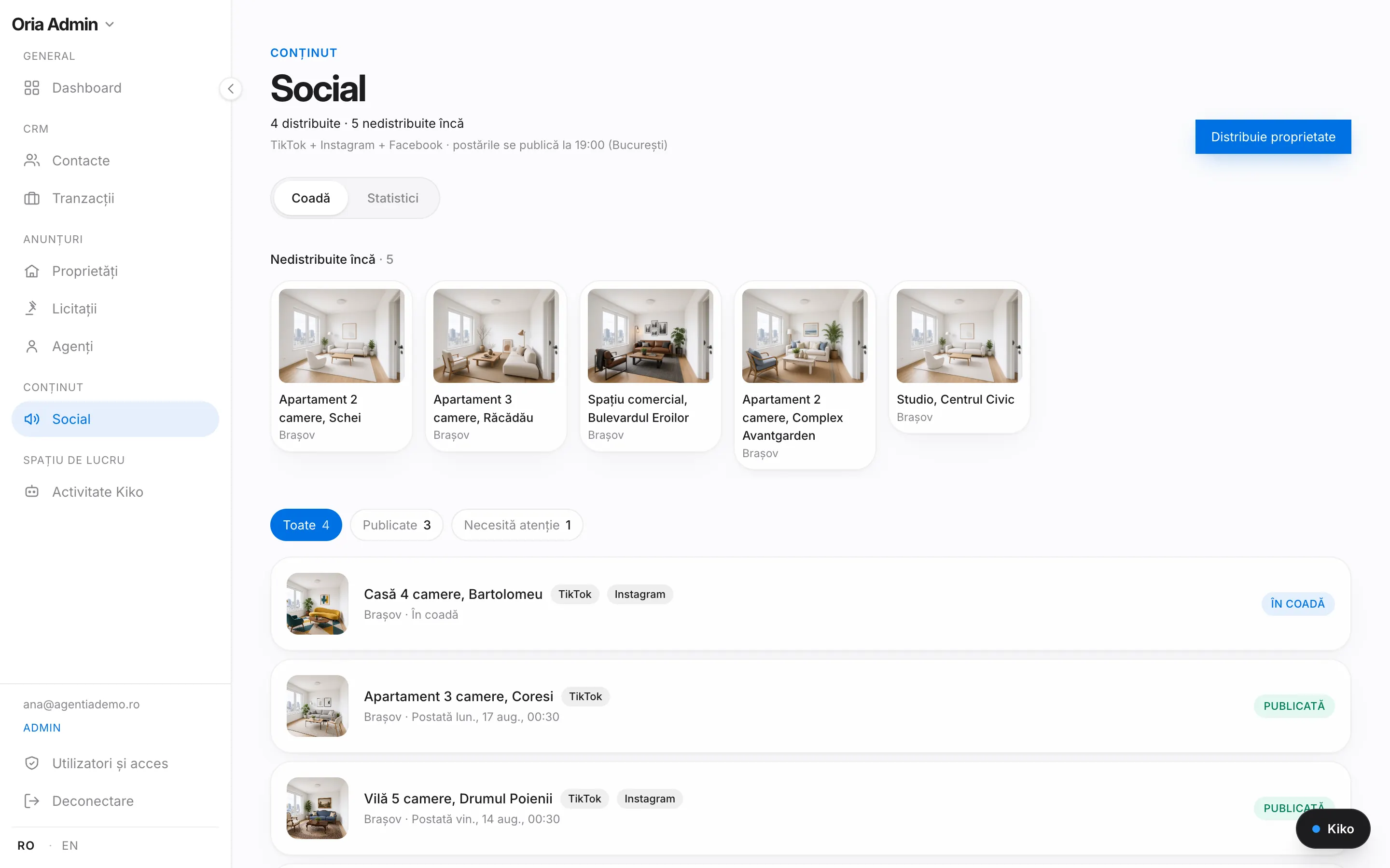 Ecranul Social din Oria CRM: coada de postări, anunțurile nedistribuite încă și postările publicate pe TikTok, Instagram și Facebook.