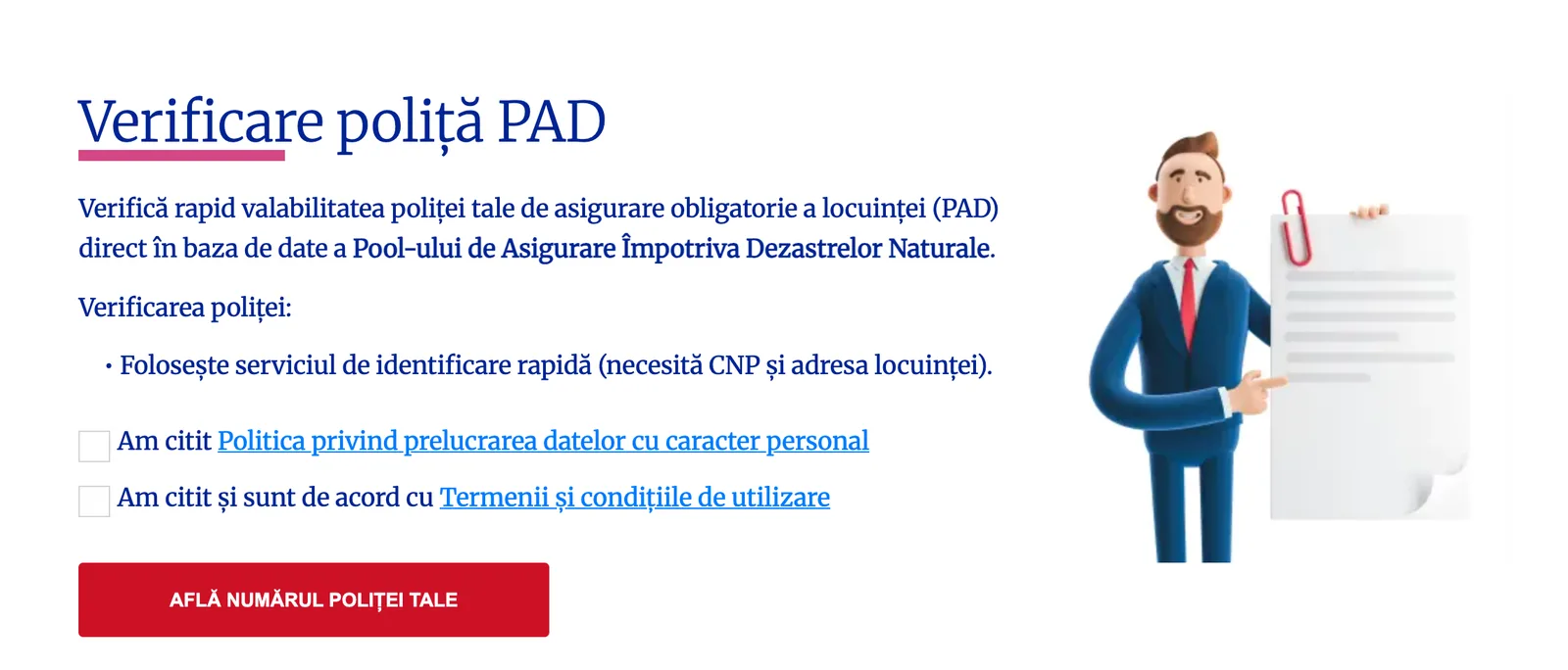 Pagina Verificare poliță PAD de pe padrom.ro, cu cele două casete de bifat și butonul Află numărul poliței tale