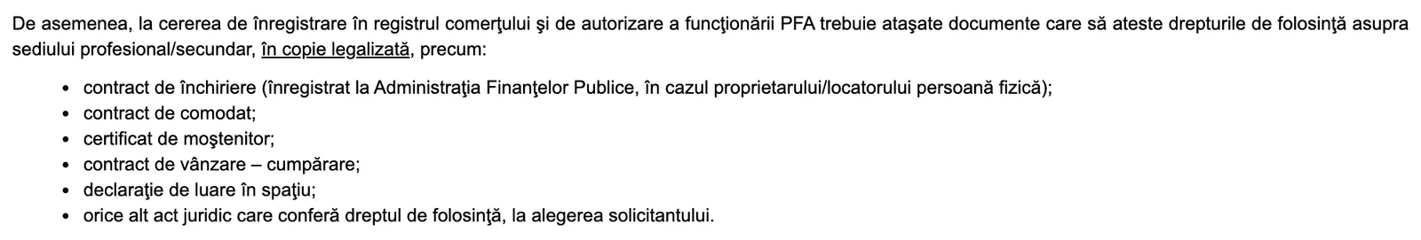 Lista ONRC cu actele care dovedesc dreptul de folosință asupra sediului unui PFA, printre care contractul de comodat, în copie legalizată