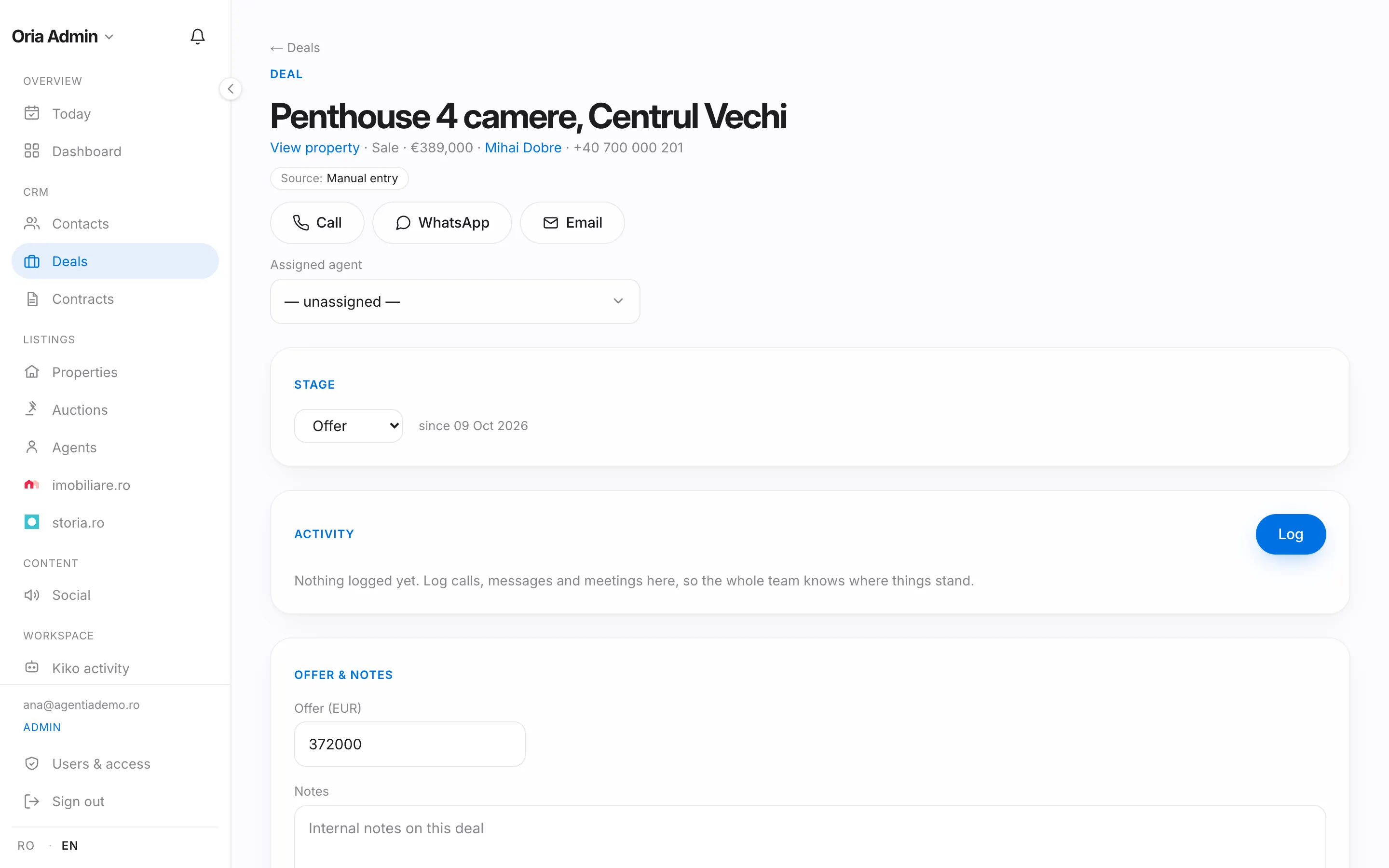 A deal page: offer, viewings, danger zone