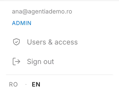 The RO · EN switch in the sidebar