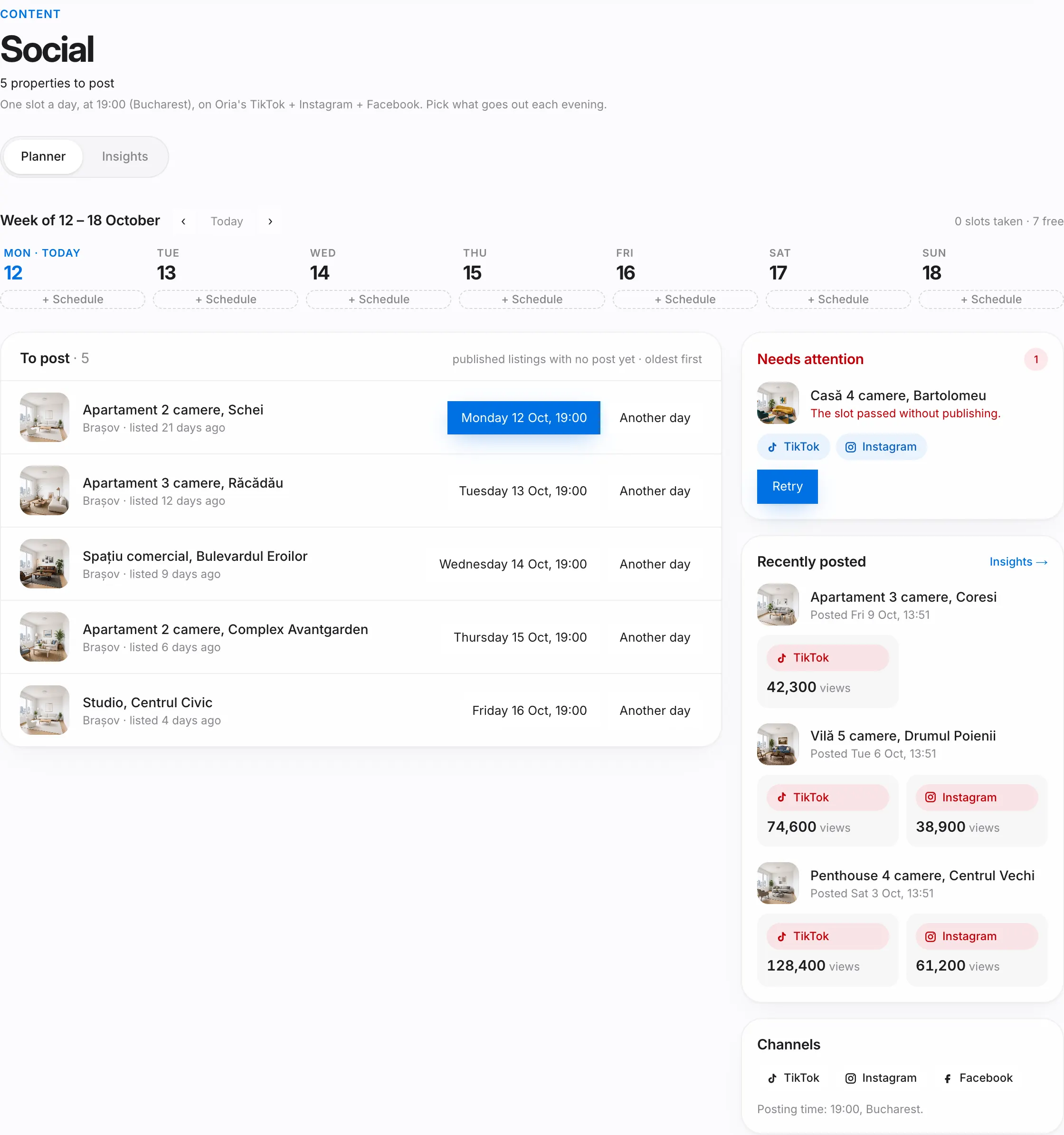 The Social page: the week planner and the properties to post